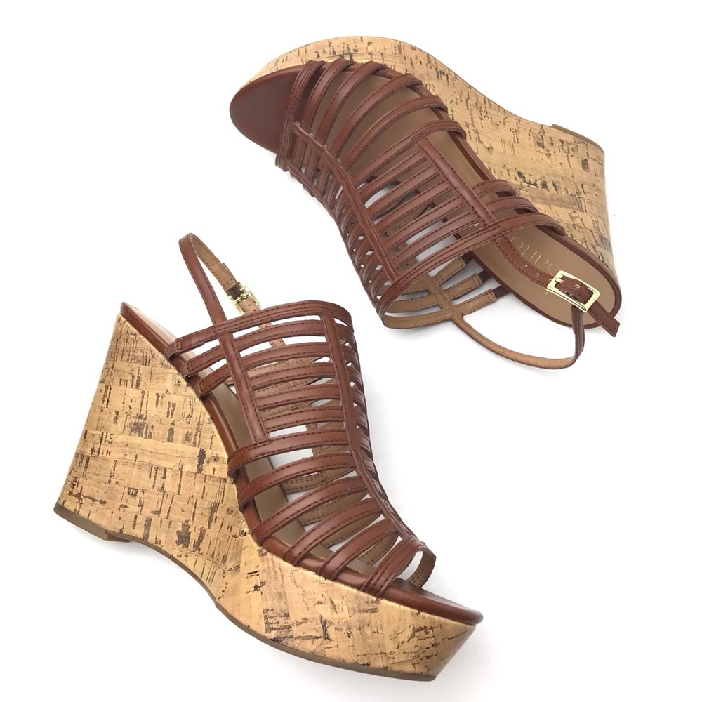 Franco Sarto Sombre Tan Brown Strappy Wedge Sandal